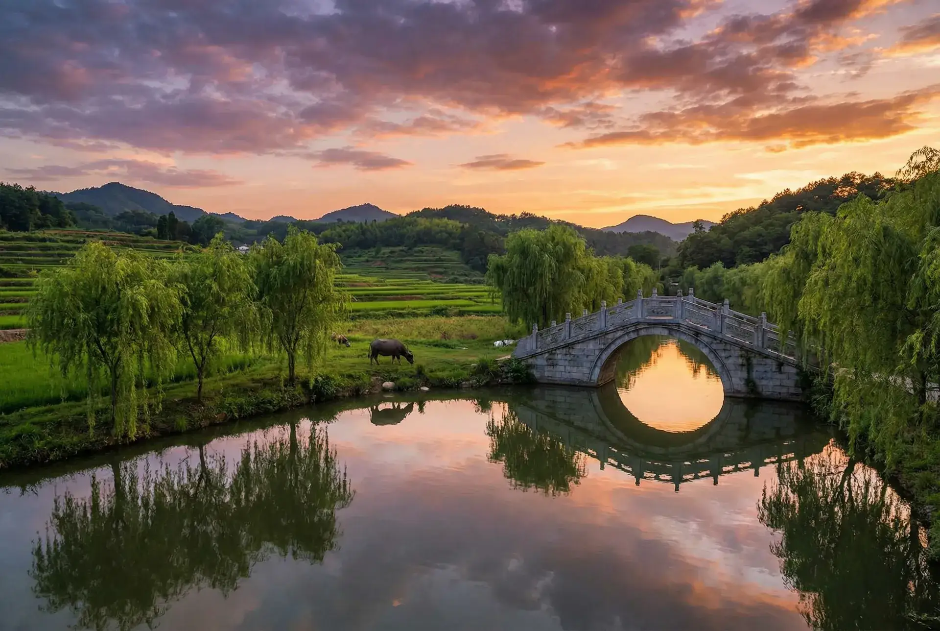 夕阳下的石拱桥与垂柳，水牛在河边吃草 - 我的宠物少将军 乡村美景